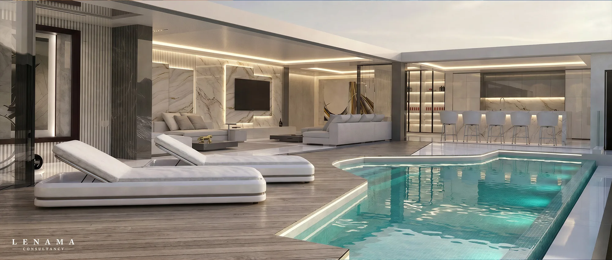 Luxury rooftop design overlooking Dubai skyline. Business Bay Dubai